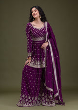 Women's Art Silk Embroidery A line Kurta Sharara with Dupatta Set