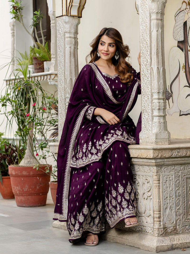Women's Art Silk Embroidery A line Kurta Sharara with Dupatta Set