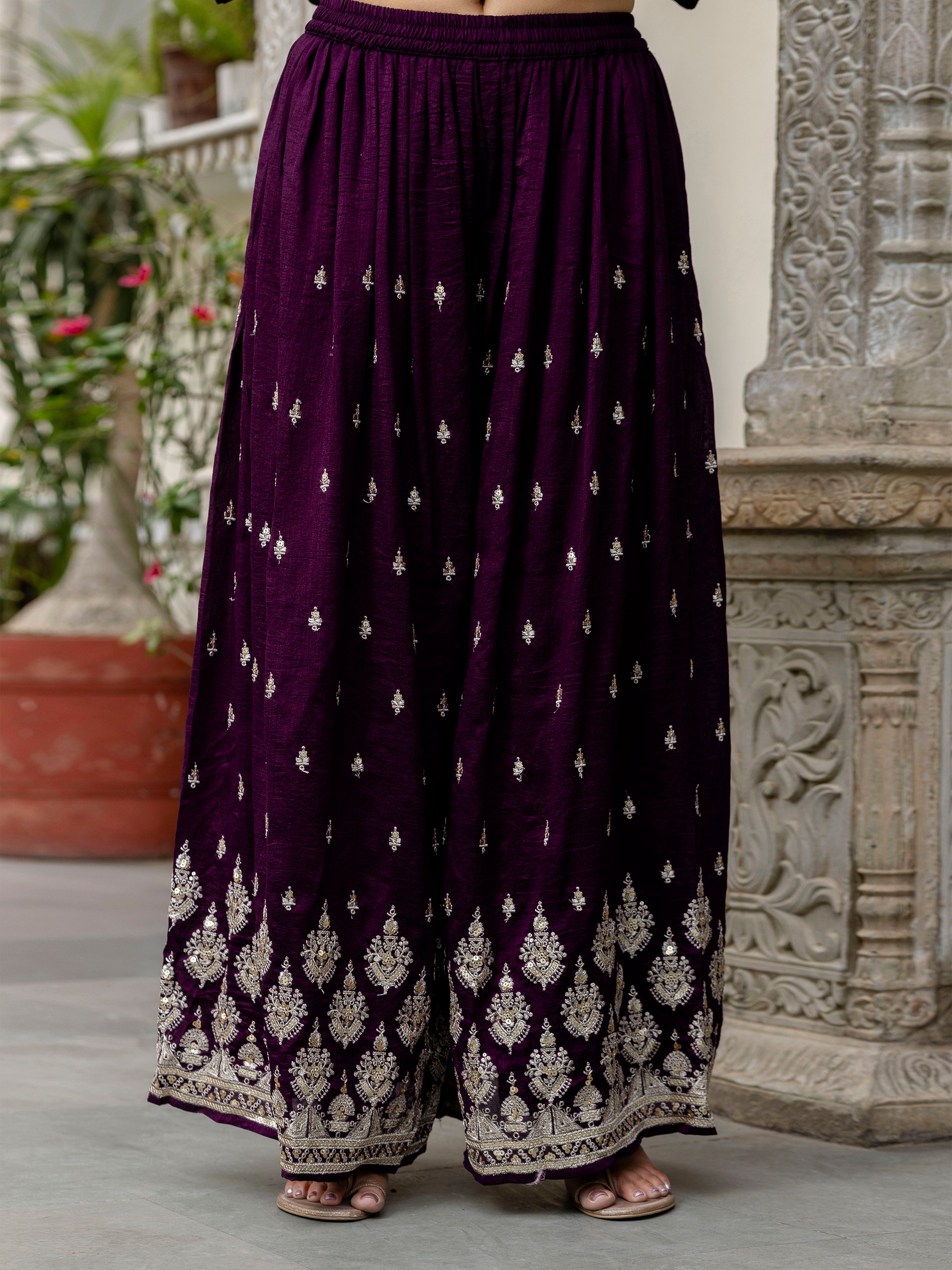 Women's Art Silk Embroidery A line Kurta Sharara with Dupatta Set Trendmallsin