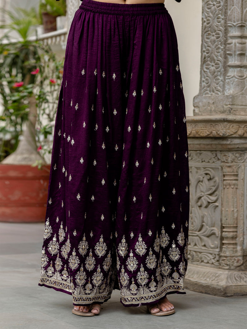 Women's Art Silk Embroidery A line Kurta Sharara with Dupatta Set