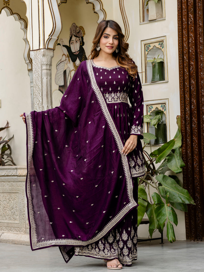 Women's Art Silk Embroidery A line Kurta Sharara with Dupatta Set