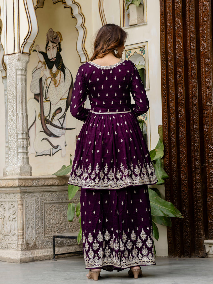 Women's Art Silk Embroidery A line Kurta Sharara with Dupatta Set Trendmallsin