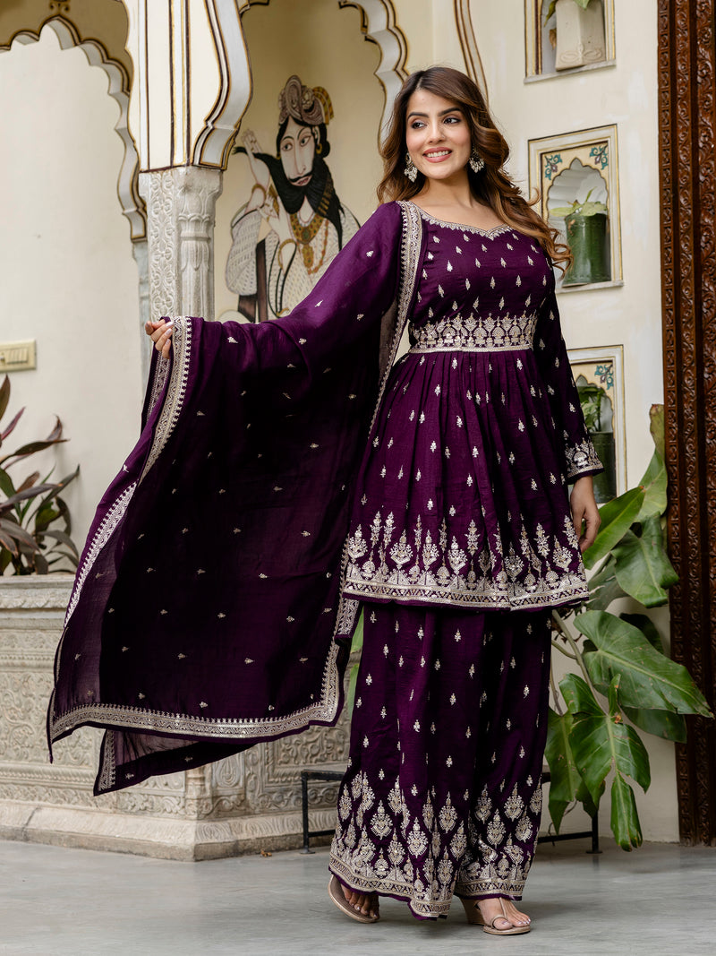 Women's Art Silk Embroidery A line Kurta Sharara with Dupatta Set