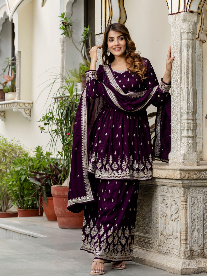 Women's Art Silk Embroidery A line Kurta Sharara with Dupatta Set