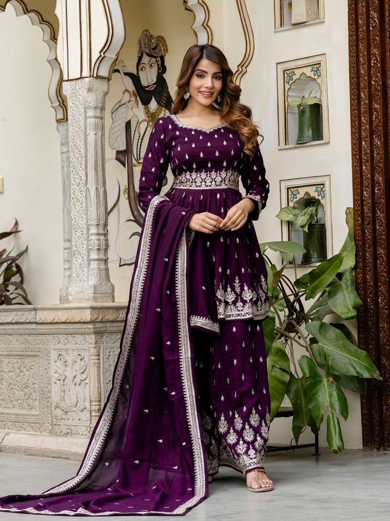 Women's Art Silk Embroidery A line Kurta Sharara with Dupatta Set