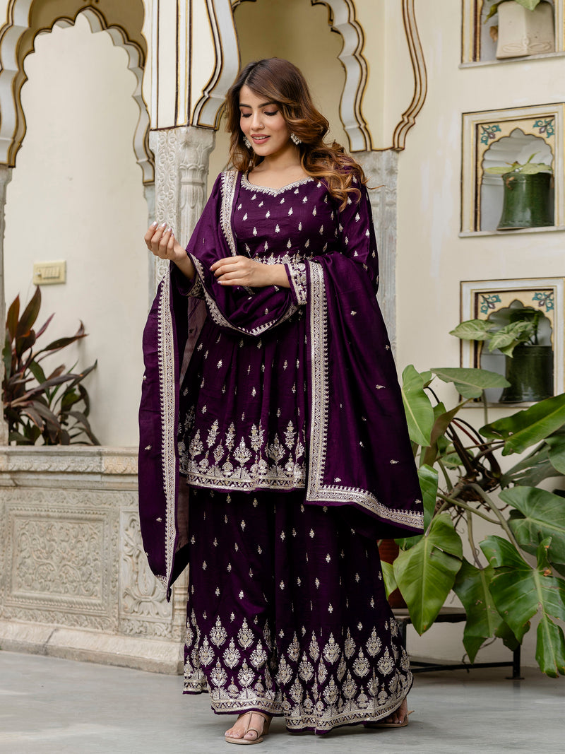 Women's Art Silk Embroidery A line Kurta Sharara with Dupatta Set