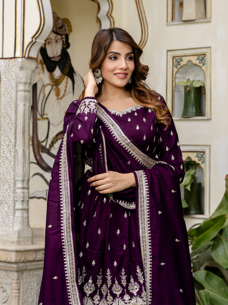 Women's Art Silk Embroidery A line Kurta Sharara with Dupatta Set