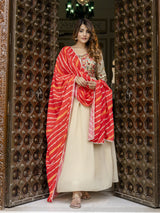 Beige Georgette Embroidery Alia Cut Anarkali Kurta Pant with Dupatta Set For Women's