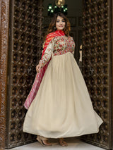 Beige Georgette Embroidery Alia Cut Anarkali Kurta Pant with Dupatta Set For Women's