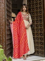 Beige Georgette Embroidery Alia Cut Anarkali Kurta Pant with Dupatta Set For Women's