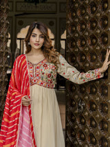 Beige Georgette Embroidery Alia Cut Anarkali Kurta Pant with Dupatta Set For Women's Trendmalls