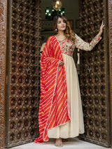 Beige Georgette Embroidery Alia Cut Anarkali Kurta Pant with Dupatta Set For Women's