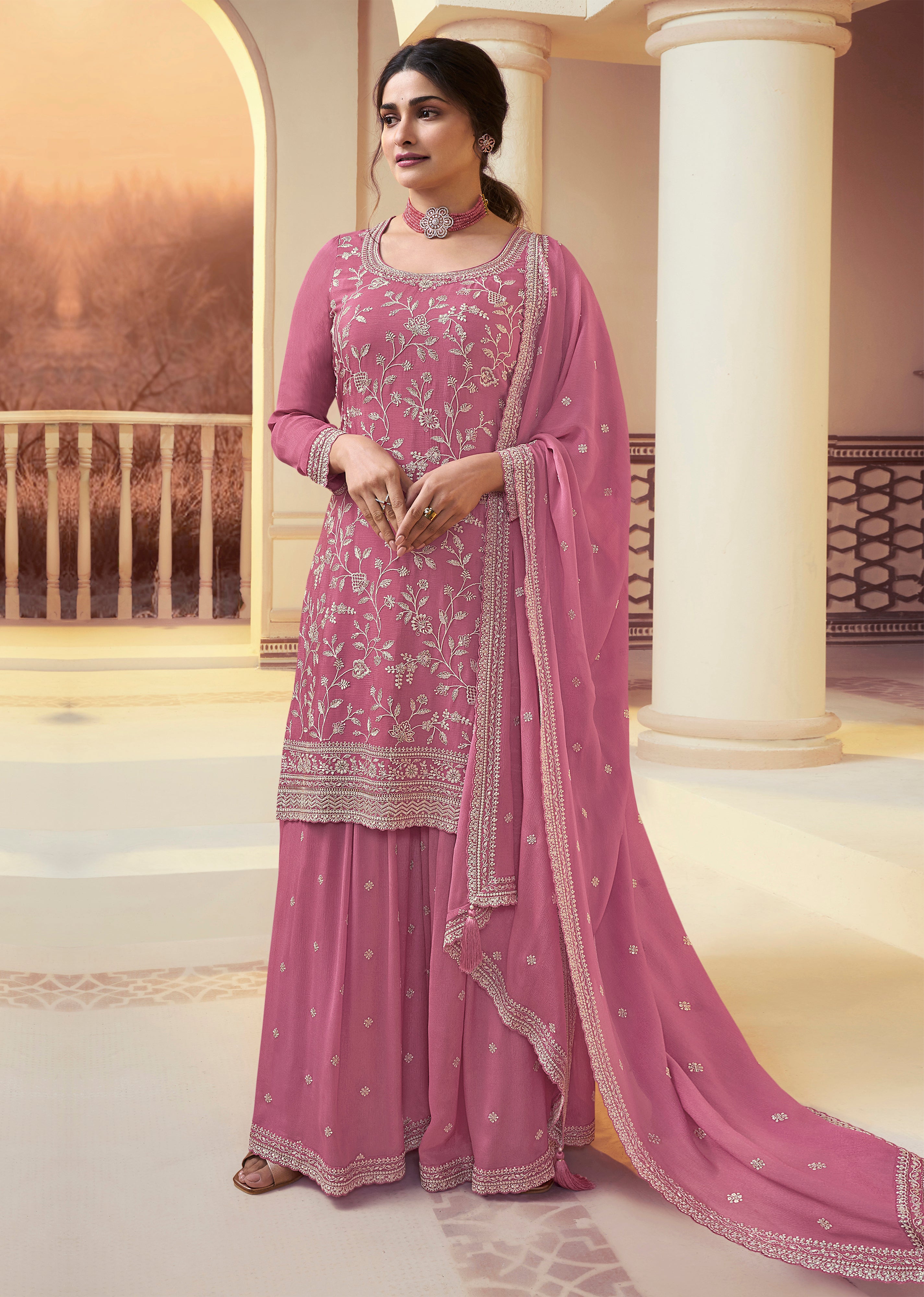 Women's Art Silk Embroidery Kurta Palazzo with Dupatta Set