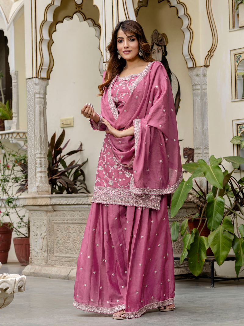Women's Art Silk Embroidery Kurta Palazzo with Dupatta Set