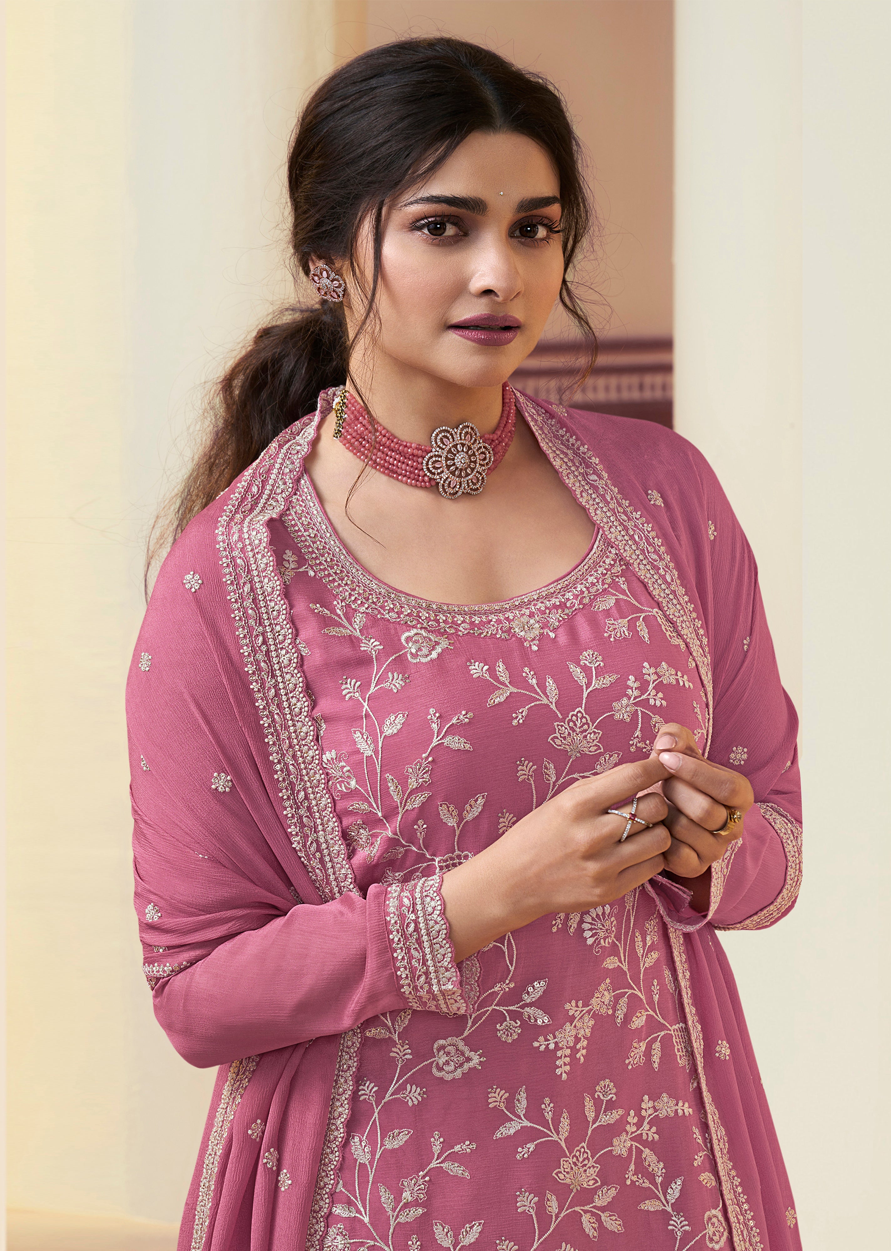 Women's Art Silk Embroidery Kurta Palazzo with Dupatta Set