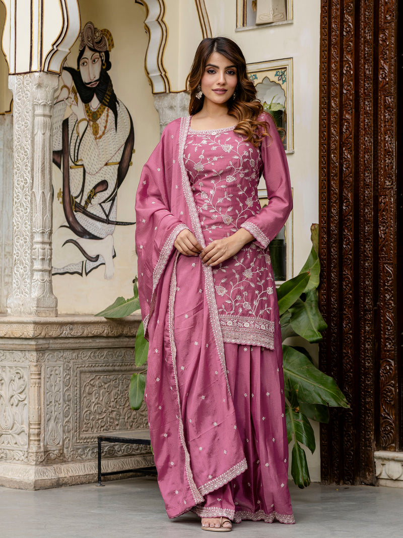 Women's Art Silk Embroidery Kurta Palazzo with Dupatta Set