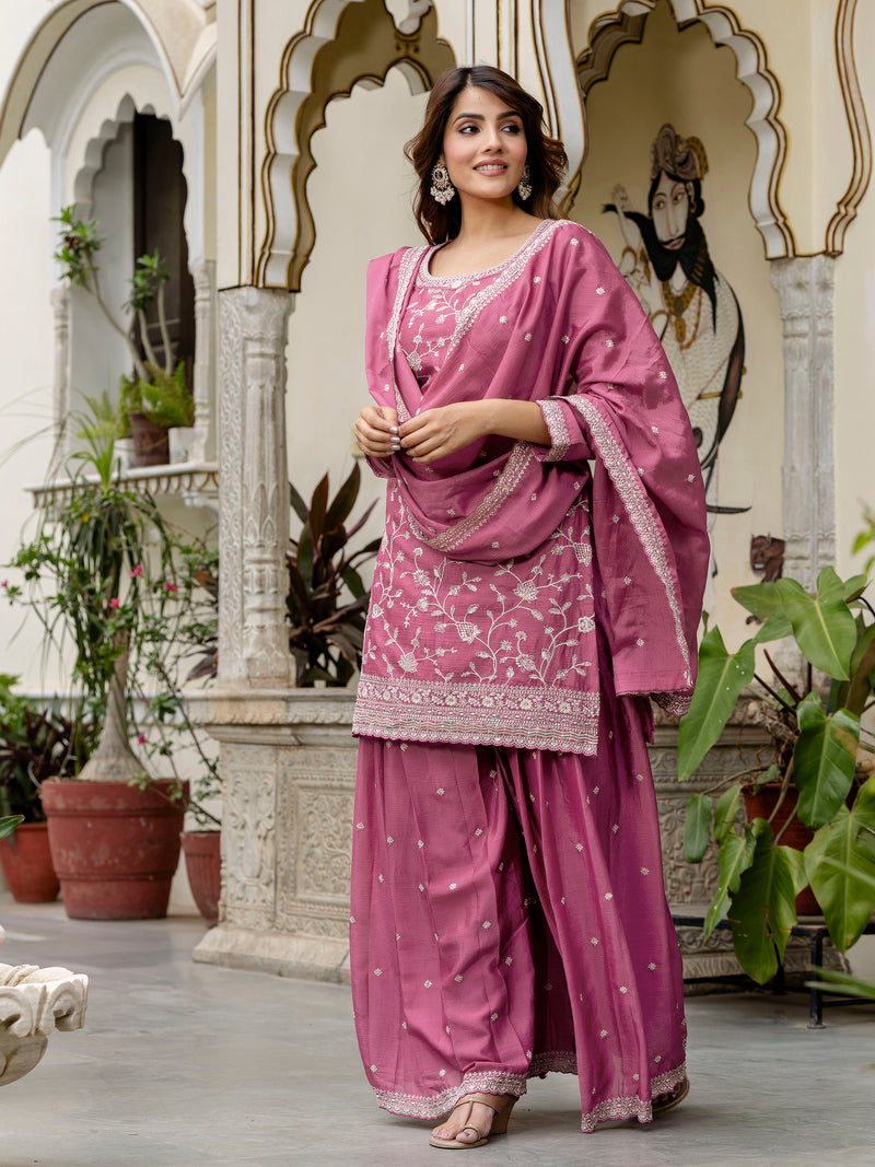 Women's Art Silk Embroidery Kurta Palazzo with Dupatta Set