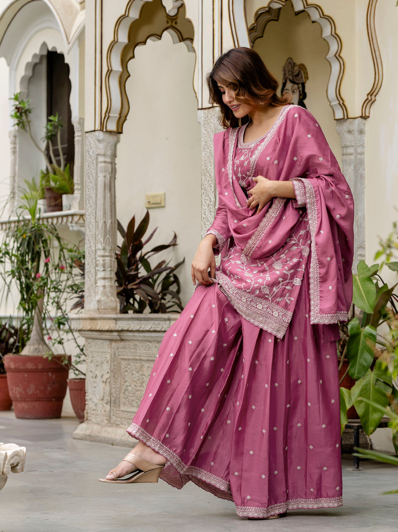 Women's Art Silk Embroidery Kurta Palazzo with Dupatta Set