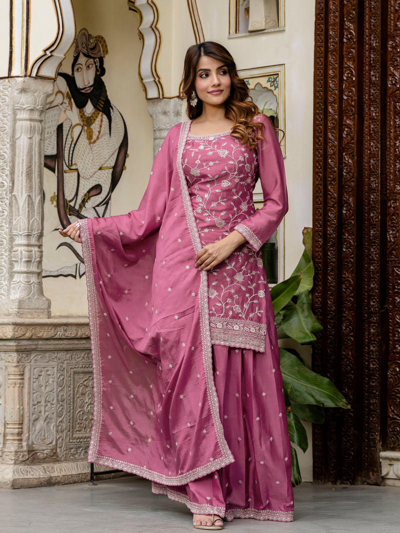 Women's Art Silk Embroidery Kurta Palazzo with Dupatta Set