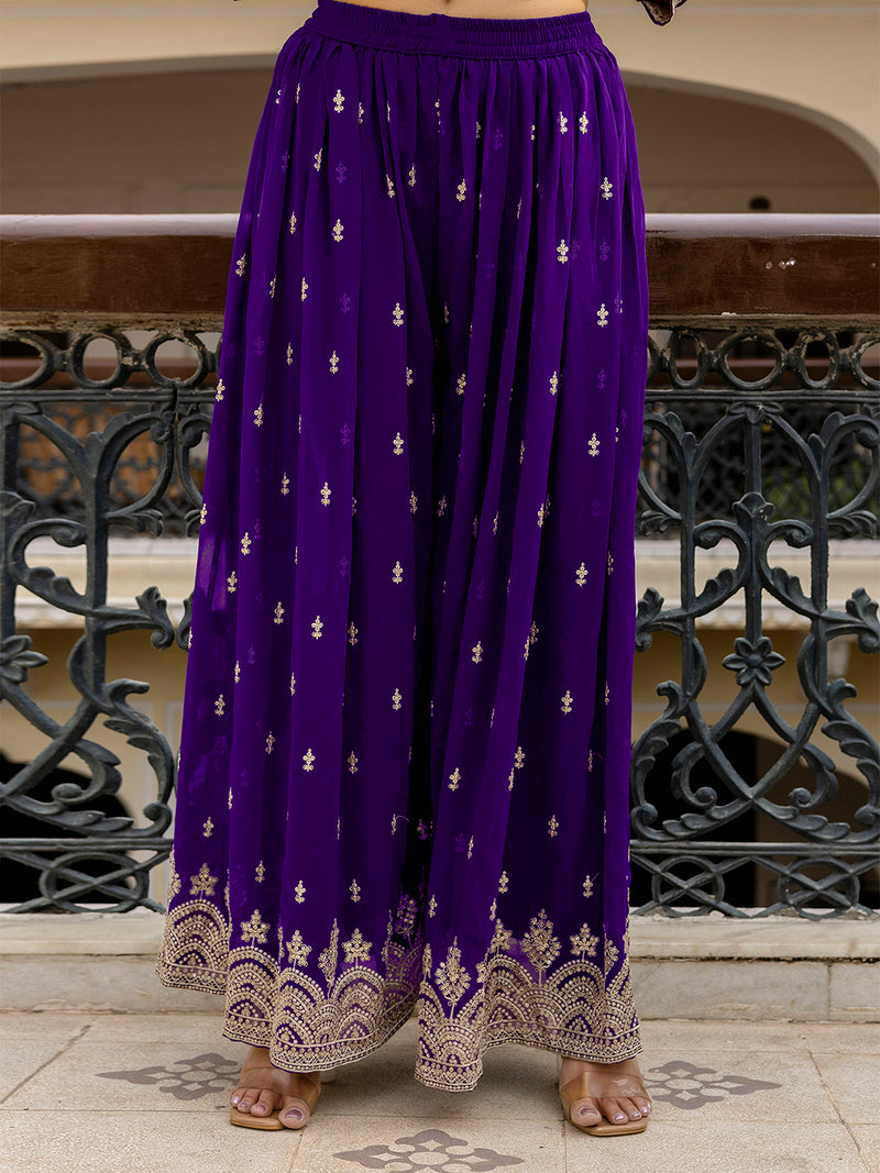 Purple Georgette Embroidery Pleated Kurta Sharara with Dupatta Salwar Suit Set For Women's