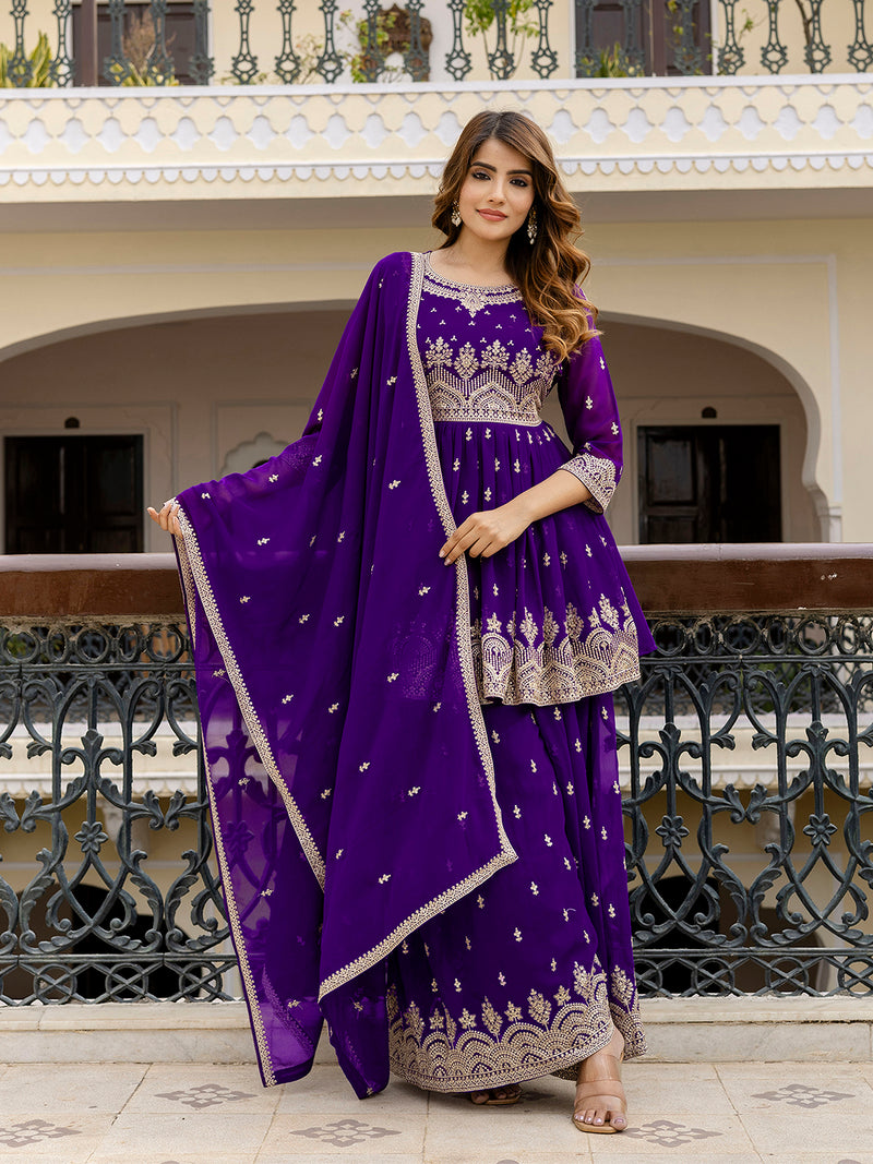 Purple Georgette Embroidery Pleated Kurta Sharara with Dupatta Salwar Suit Set For Women's