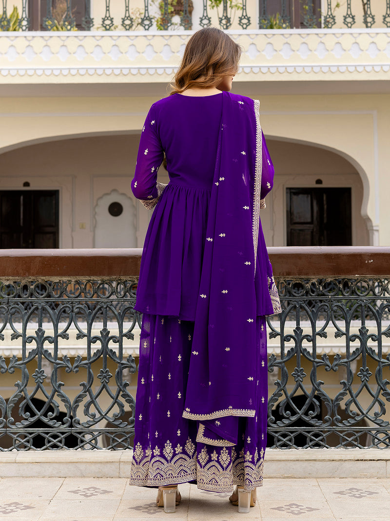 Purple Georgette Embroidery Pleated Kurta Sharara with Dupatta Salwar Suit Set For Women's