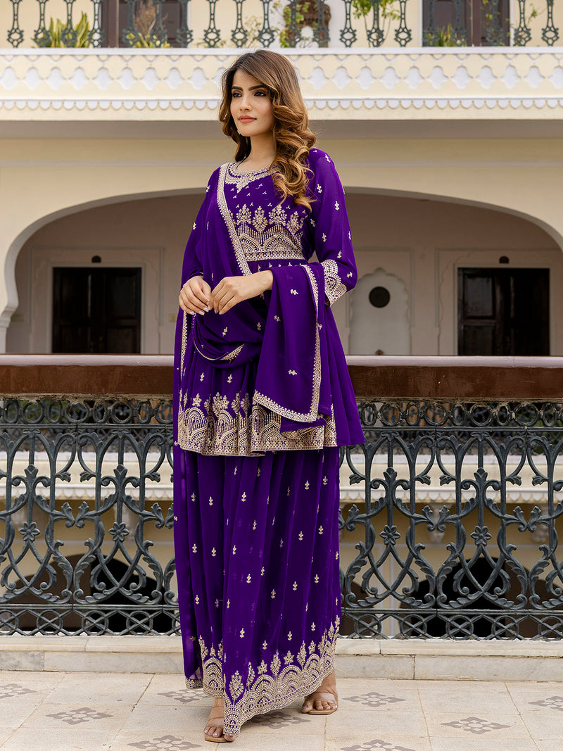 Purple Georgette Embroidery Pleated Kurta Sharara with Dupatta Salwar Suit Set For Women's