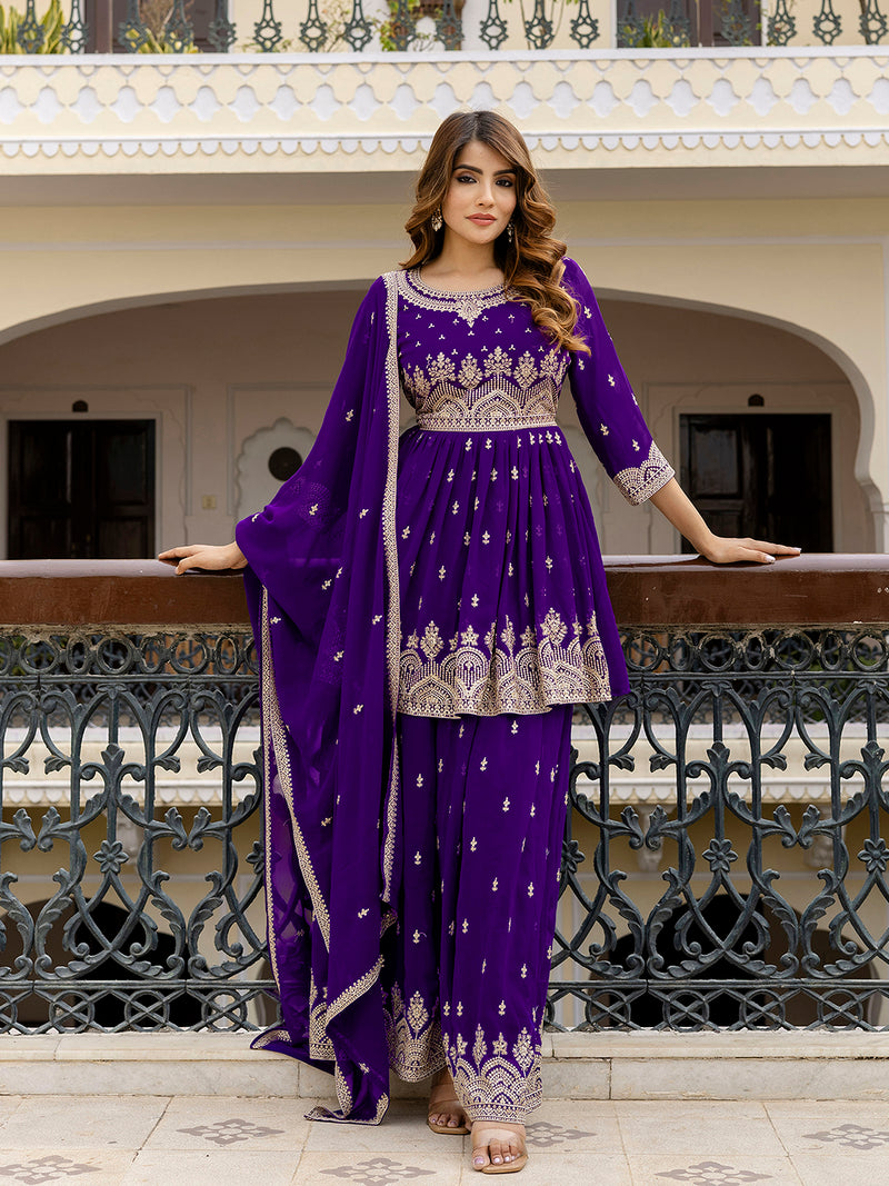 Purple Georgette Embroidery Pleated Kurta Sharara with Dupatta Salwar Suit Set For Women's