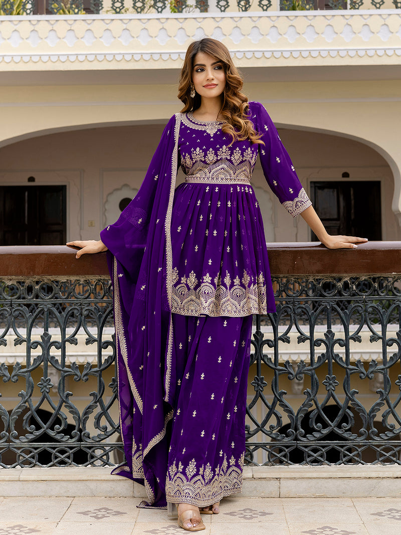 Purple Georgette Embroidery Pleated Kurta Sharara with Dupatta Salwar Suit Set For Women's