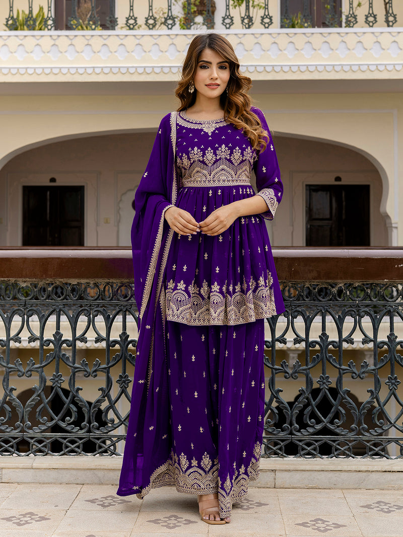 Purple Georgette Embroidery Pleated Kurta Sharara with Dupatta Salwar Suit Set For Women's