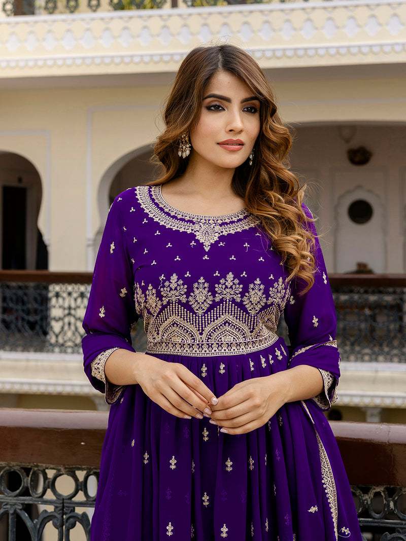 Purple Georgette Embroidery Pleated Kurta Sharara with Dupatta Salwar Suit Set For Women's