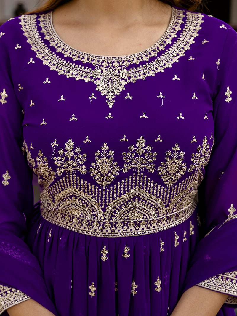 Purple Georgette Embroidery Pleated Kurta Sharara with Dupatta Salwar Suit Set For Women's