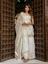 White Georgette Embroidery work Kurta Sharara Set with Dupatta Kurta Set for Women