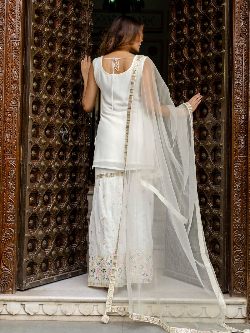 White Georgette Embroidery work Kurta Sharara Set with Dupatta Kurta Set for Women
