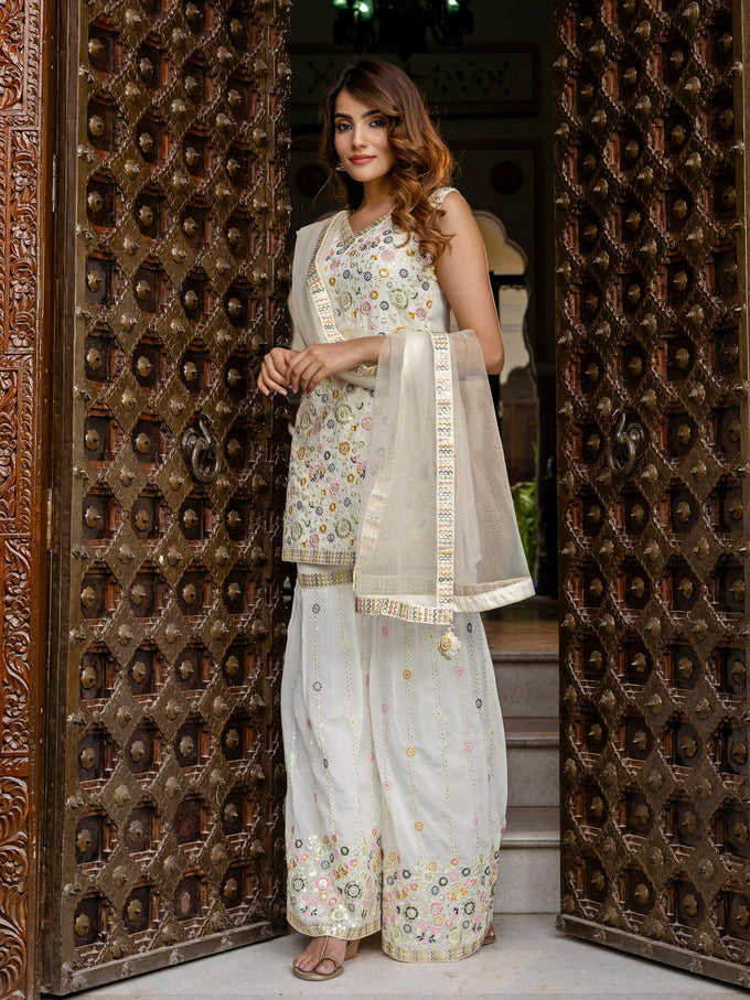 White Georgette Embroidery work Kurta Sharara Set with Dupatta Kurta Set for Women Trendmalls