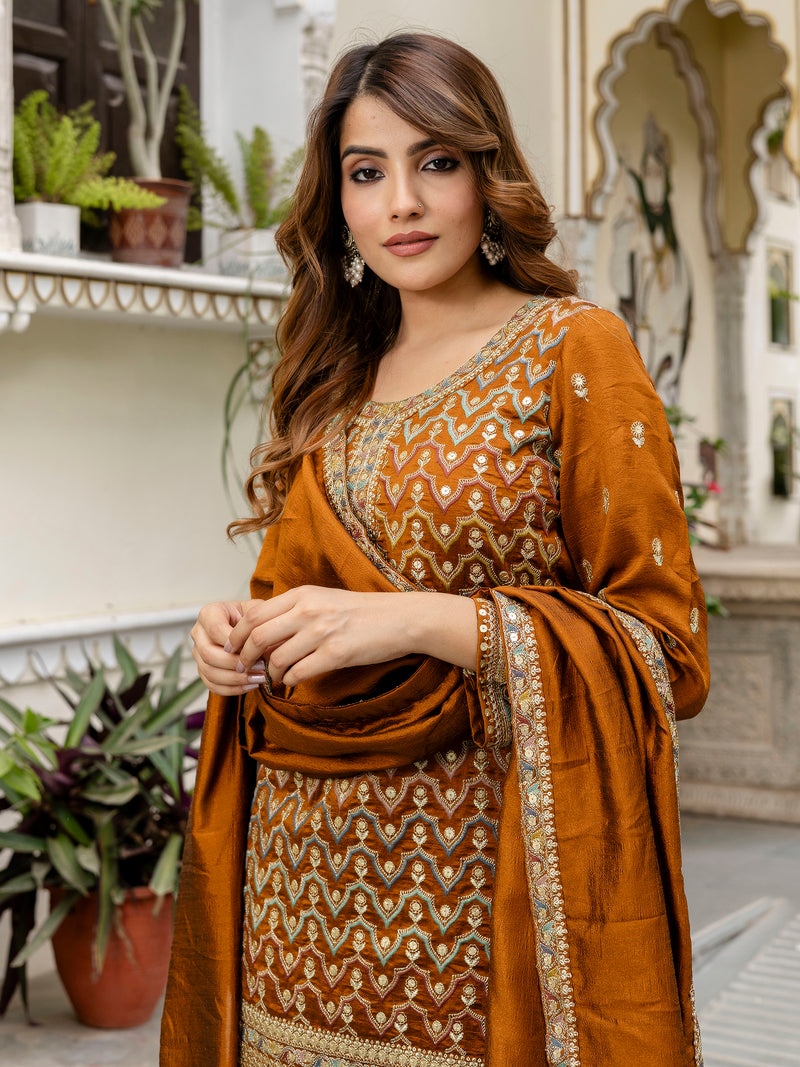 Women's Art Silk Sequins Embroidery Kurta Sharara Set with Dupatta for Women Kurta Palazzo Set