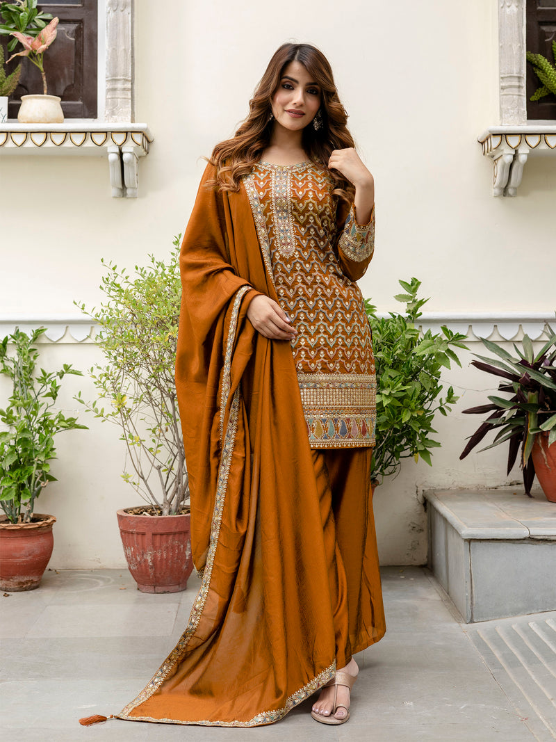 Women's Art Silk Sequins Embroidery Kurta Sharara Set with Dupatta for Women Kurta Palazzo Set