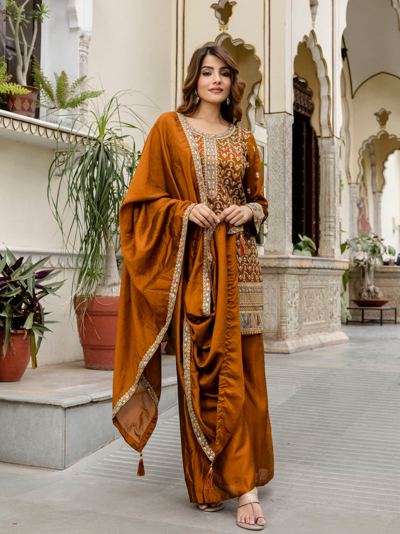 Women's Art Silk Sequins Embroidery Kurta Sharara Set with Dupatta for Women Kurta Palazzo Set