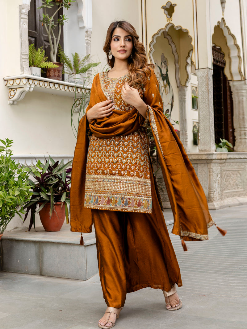 Women's Art Silk Sequins Embroidery Kurta Sharara Set with Dupatta for Women Kurta Palazzo Set