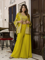 Yellow Georgette Embroidery Work Crop Top with Flared Palazzo and Shrug Set For Women's