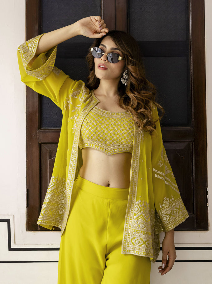 Yellow Georgette Embroidery Work Crop Top with Flared Palazzo and Shrug Set For Women's Trendmallsin