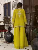 Yellow Georgette Embroidery Work Crop Top with Flared Palazzo and Shrug Set For Women's Trendmallsin