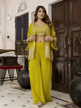 Yellow Georgette Embroidery Work Crop Top with Flared Palazzo and Shrug Set For Women's
