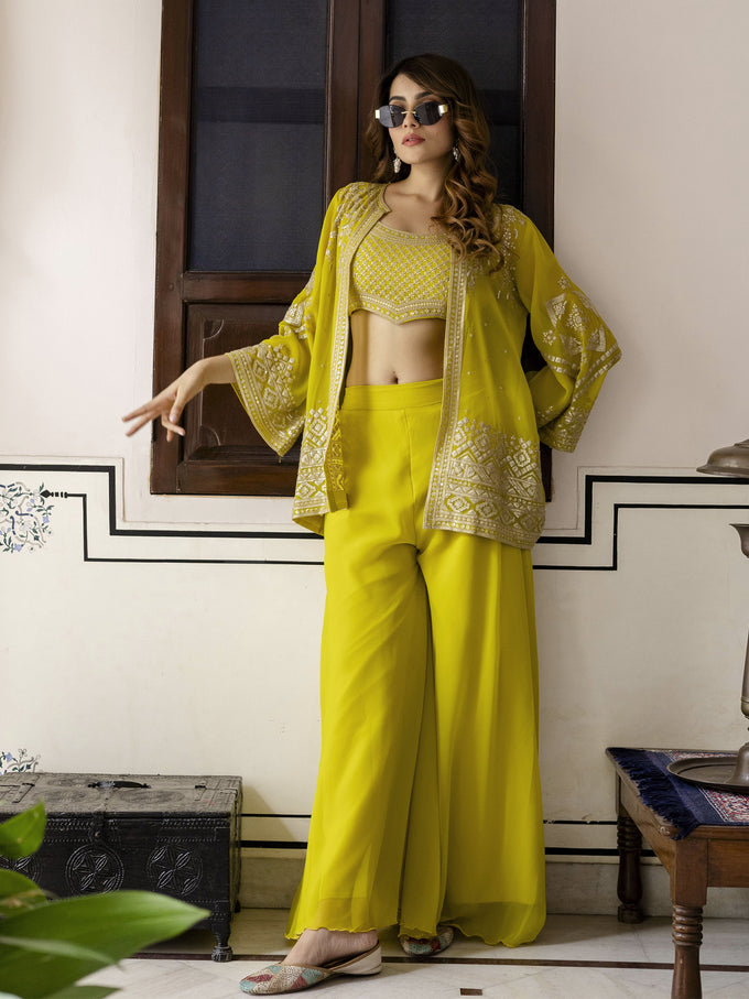 Yellow Georgette Embroidery Work Crop Top with Flared Palazzo and Shrug Set For Women's Trendmallsin