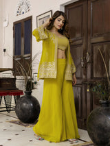 Yellow Georgette Embroidery Work Crop Top with Flared Palazzo and Shrug Set For Women's