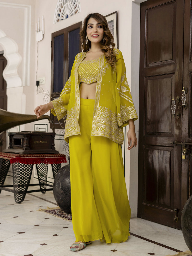 Yellow Georgette Embroidery Work Crop Top with Flared Palazzo and Shrug Set For Women's Trendmallsin