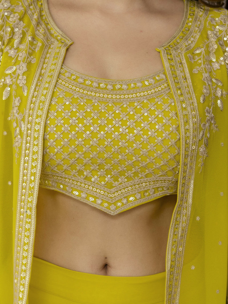 Yellow Georgette Embroidery Work Crop Top with Flared Palazzo and Shrug Set For Women's Trendmallsin