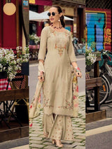 Beige Cotton Silk Embroidery Multi Work Kurta Palazzo with Dupatta Set Trendmalls