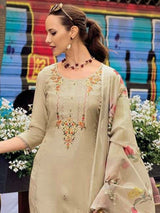 Beige Cotton Silk Embroidery Multi Work Kurta Palazzo with Dupatta Set Trendmalls