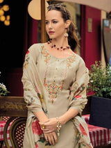 Beige Cotton Silk Embroidery Multi Work Kurta Palazzo with Dupatta Set Trendmalls